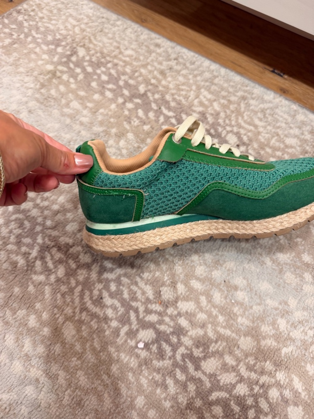 crown & ivy Green Knit and Suede Low-Top Sneaker with Cream Accents